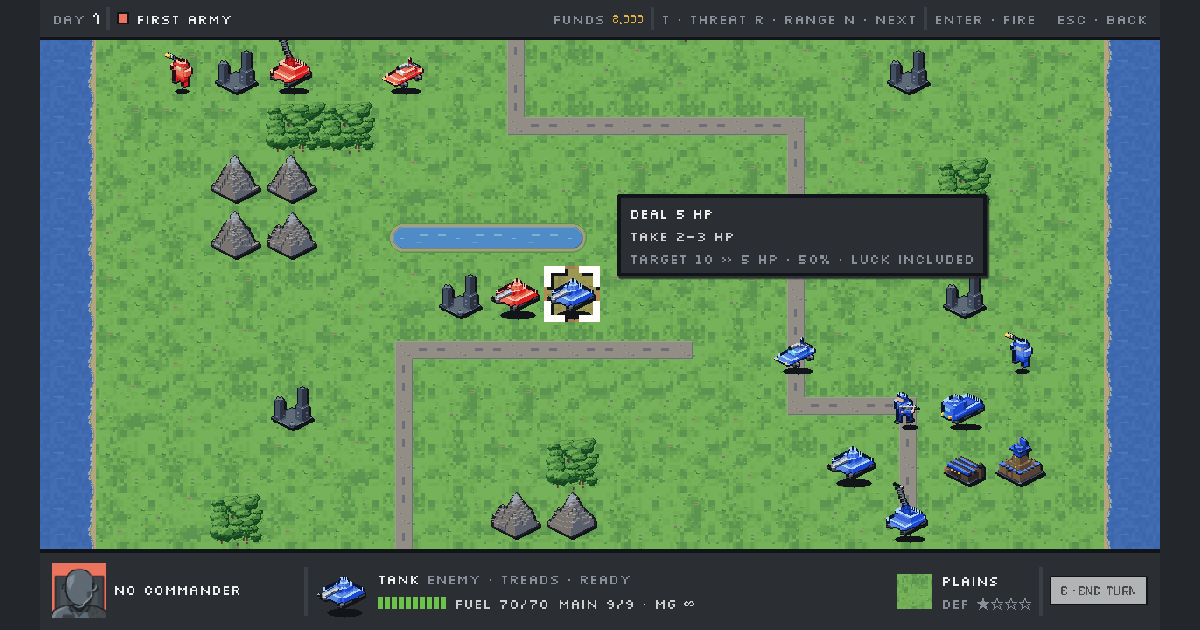 A Grid Commanders battle: red and blue units on a grid of plains, roads, woods and mountains, with a damage forecast open over the board.